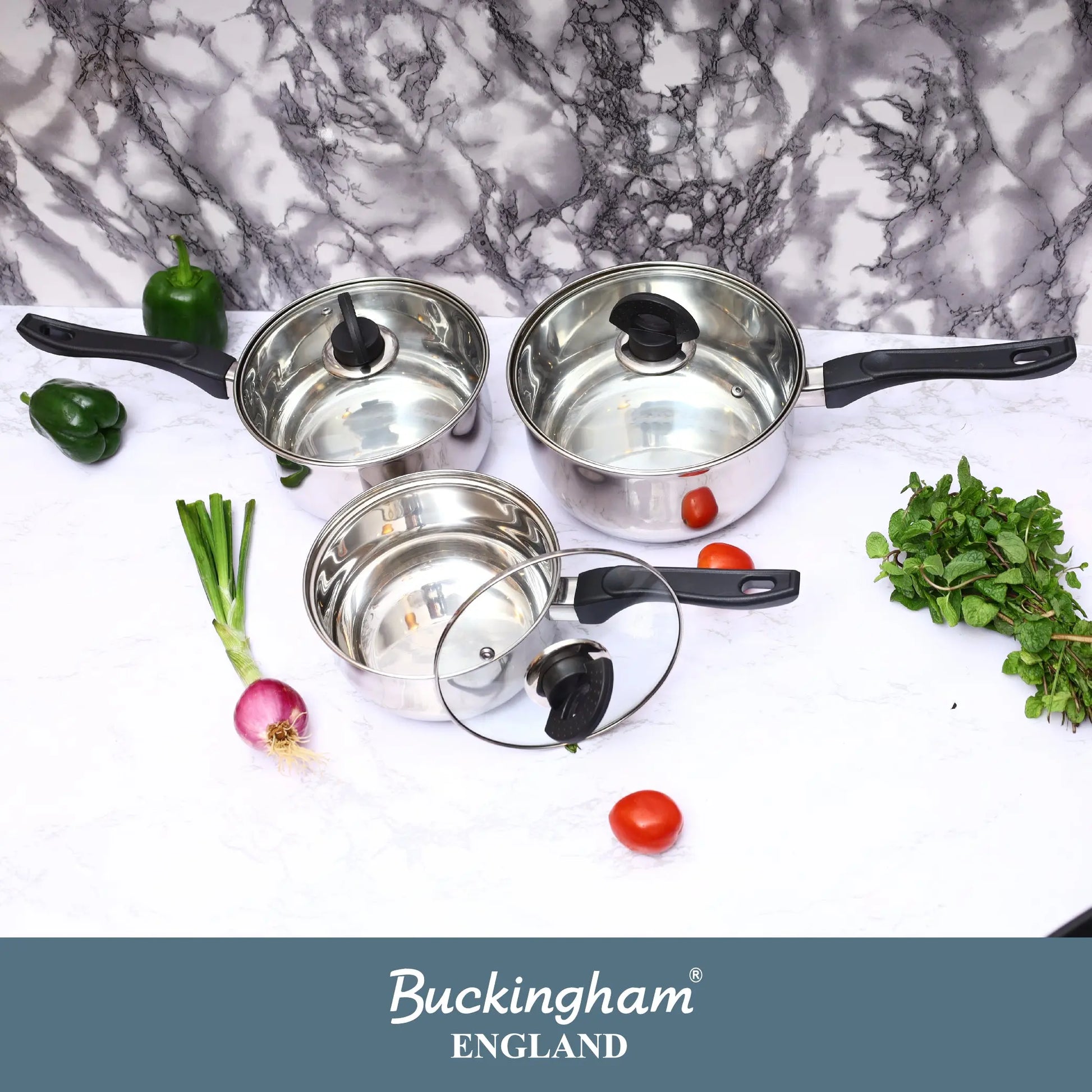 Buckingham Induction Stainless Steel cookware with Glass Lids Saucepan Set , 3 Piece Buckingham Cookware UK