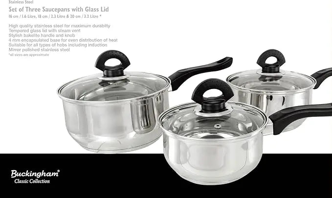 Buckingham Premium 3 Pieces Saucepan Set with Glass Lid Stainless Steel Bakelite Handles and Even Heat Distribution Buckingham Cookware UK