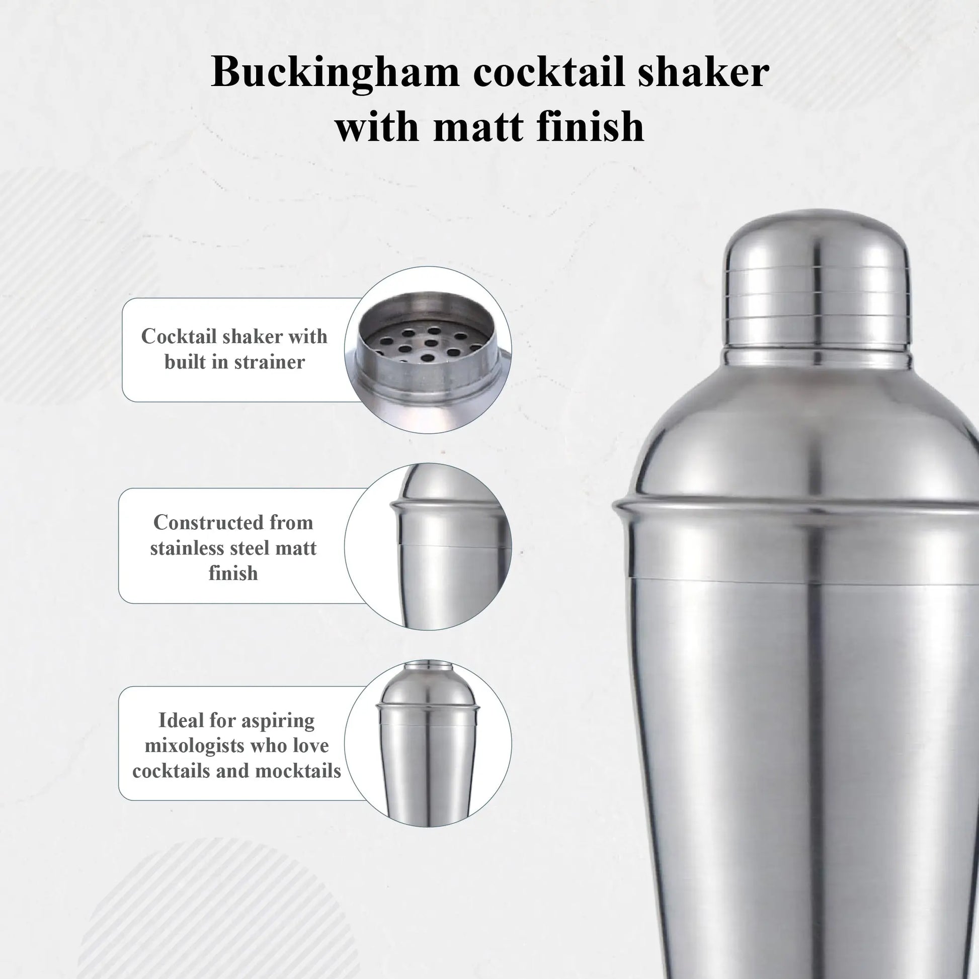 Buckingham Professional Stainless-Steel matte finish cocktail shaker 500 ml, Matt Finish Buckingham Cookware UK