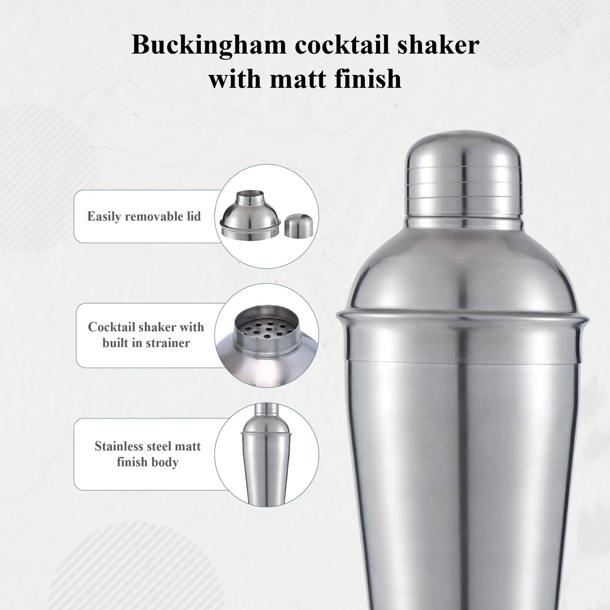 Buckingham Stainless Steel 3 pc Bar Set Cocktail Shaker, Measure Peg, Spoon, Matt Finish Buckingham Cookware UK