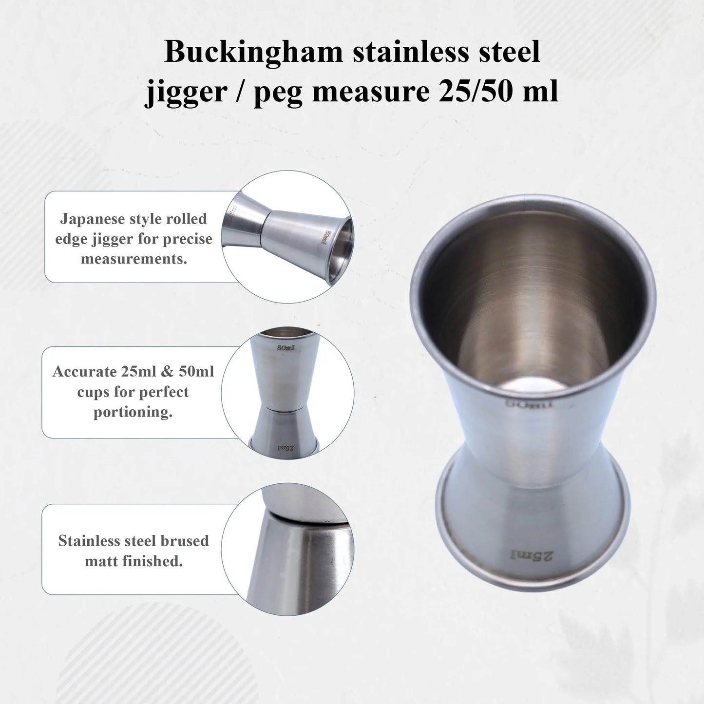 Buckingham Stainless Steel 3 pc Bar Set Cocktail Shaker, Measure Peg, Spoon, Matt Finish Buckingham Cookware UK