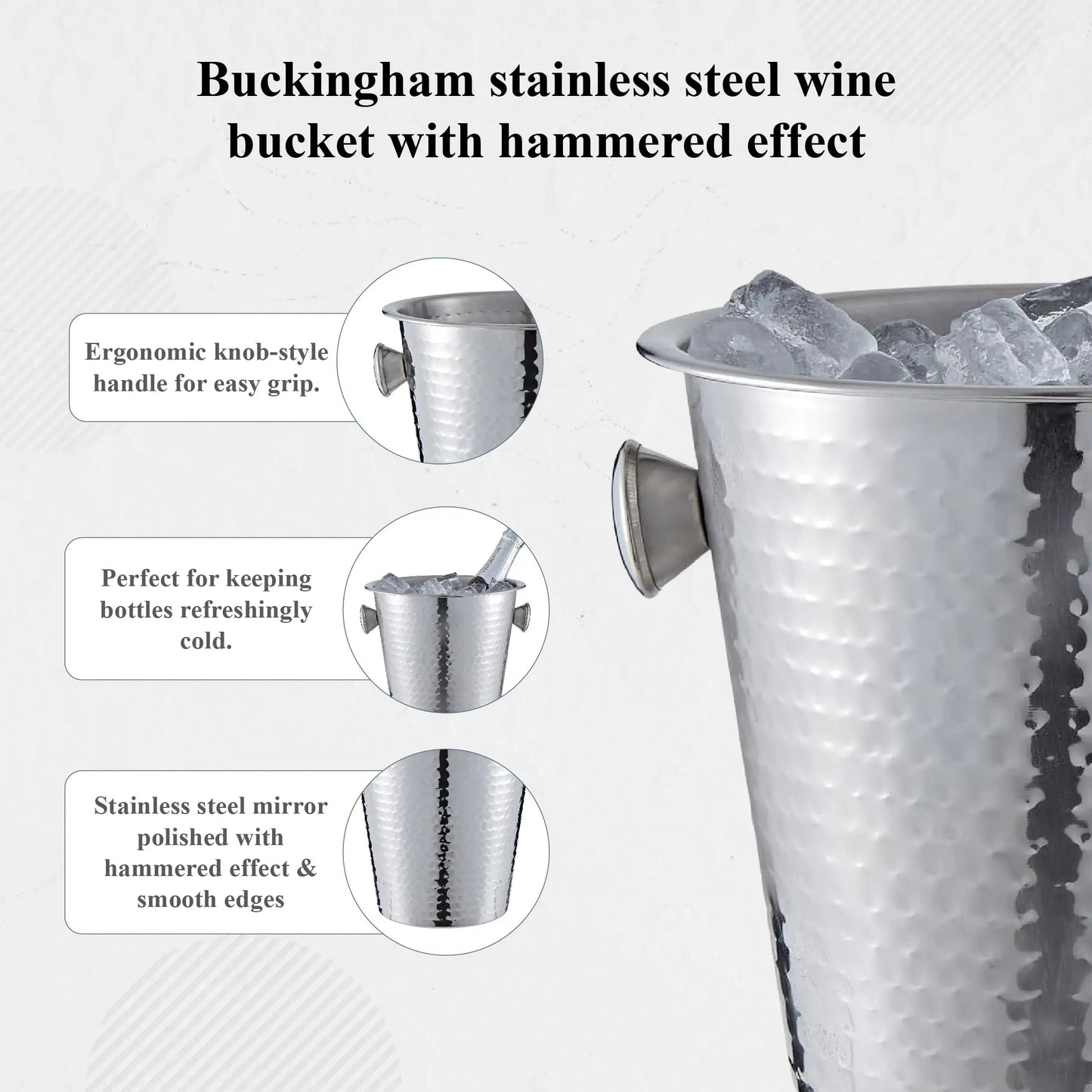 Buckingham Stainless Steel Champagne/Wine Chiller Bucket 4.8 L / 21.5 cm (Hammered Effect) Buckingham Cookware UK