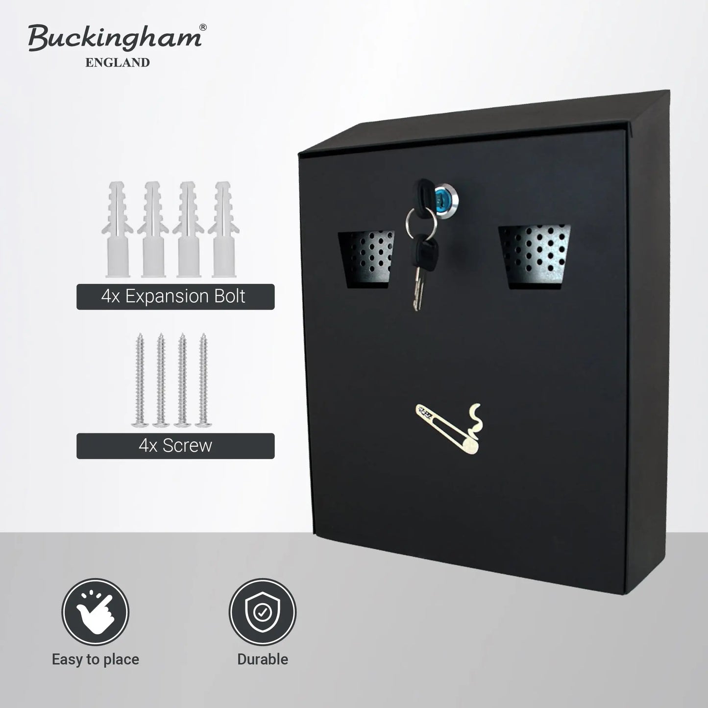 Buckingham Wall Mounted Outdoor Cigarette Bin, Ashtray , Ash Bin, Pubs , Clubs, Office, Home , Luminous Cigarette Motif, Smoking, Lockable, Premium Quality -, Black, Buckingham Cookware UK