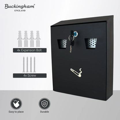 Buckingham Wall Mounted Outdoor Cigarette Bin, Ashtray , Ash Bin, Pubs , Clubs, Office, Home , Luminous Cigarette Motif, Smoking, Lockable, Premium Quality -, Black, Buckingham Cookware UK