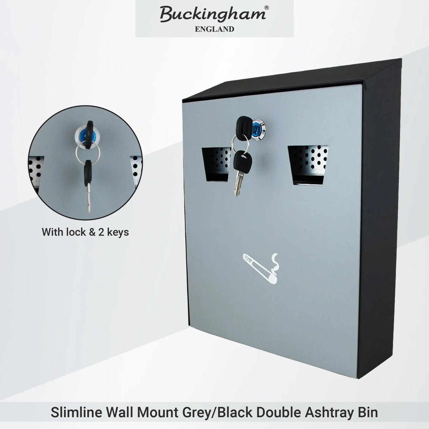 Buckingham Wall Mounted Outdoor Cigarette Bin, Ashtray , Ash Bin, Pubs , Clubs, Office, Home , Luminous Cigarette Motif, Smoking, Lockable, Premium Quality -, Black, Buckingham Cookware UK
