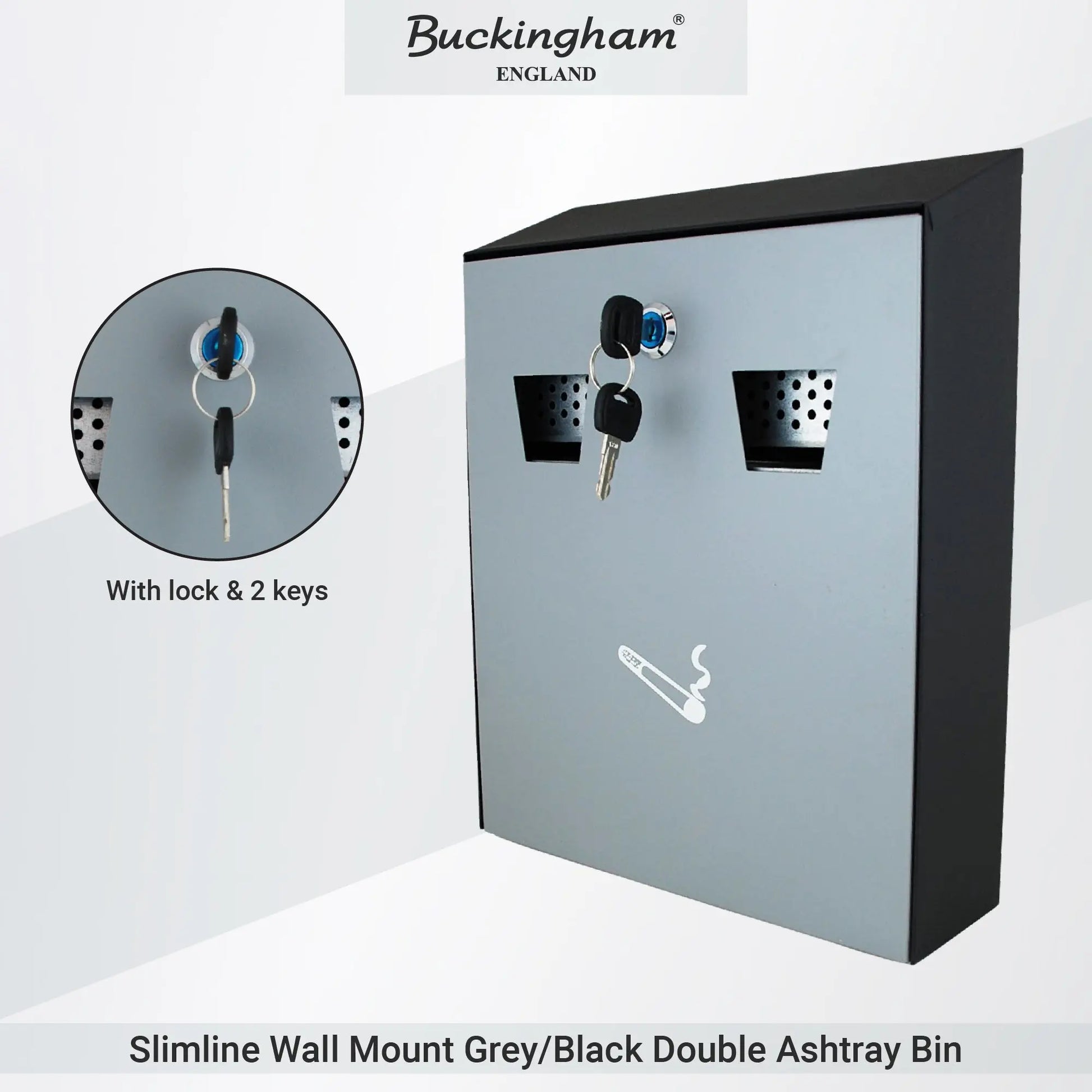 Buckingham Wall Mounted Outdoor Cigarette Bin, Ashtray , Ash Bin, Pubs , Clubs, Office, Home , Luminous Cigarette Motif, Smoking, Lockable, Premium Quality -, Black, Buckingham Cookware UK