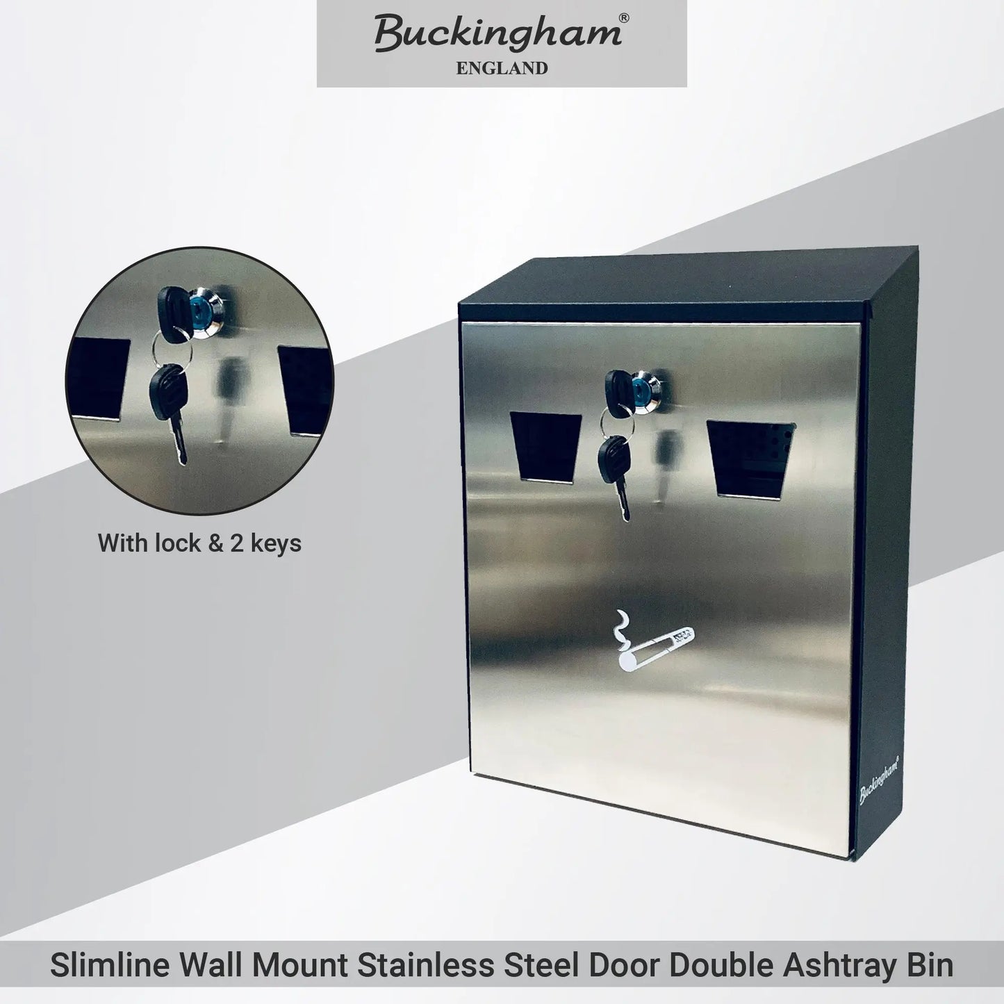 Buckingham Wall Mounted Outdoor Cigarette Bin, Ashtray , Ash Bin, Pubs , Clubs, Office, Home , Luminous Cigarette Motif, Smoking, Lockable, Premium Quality -, Black, Buckingham Cookware UK