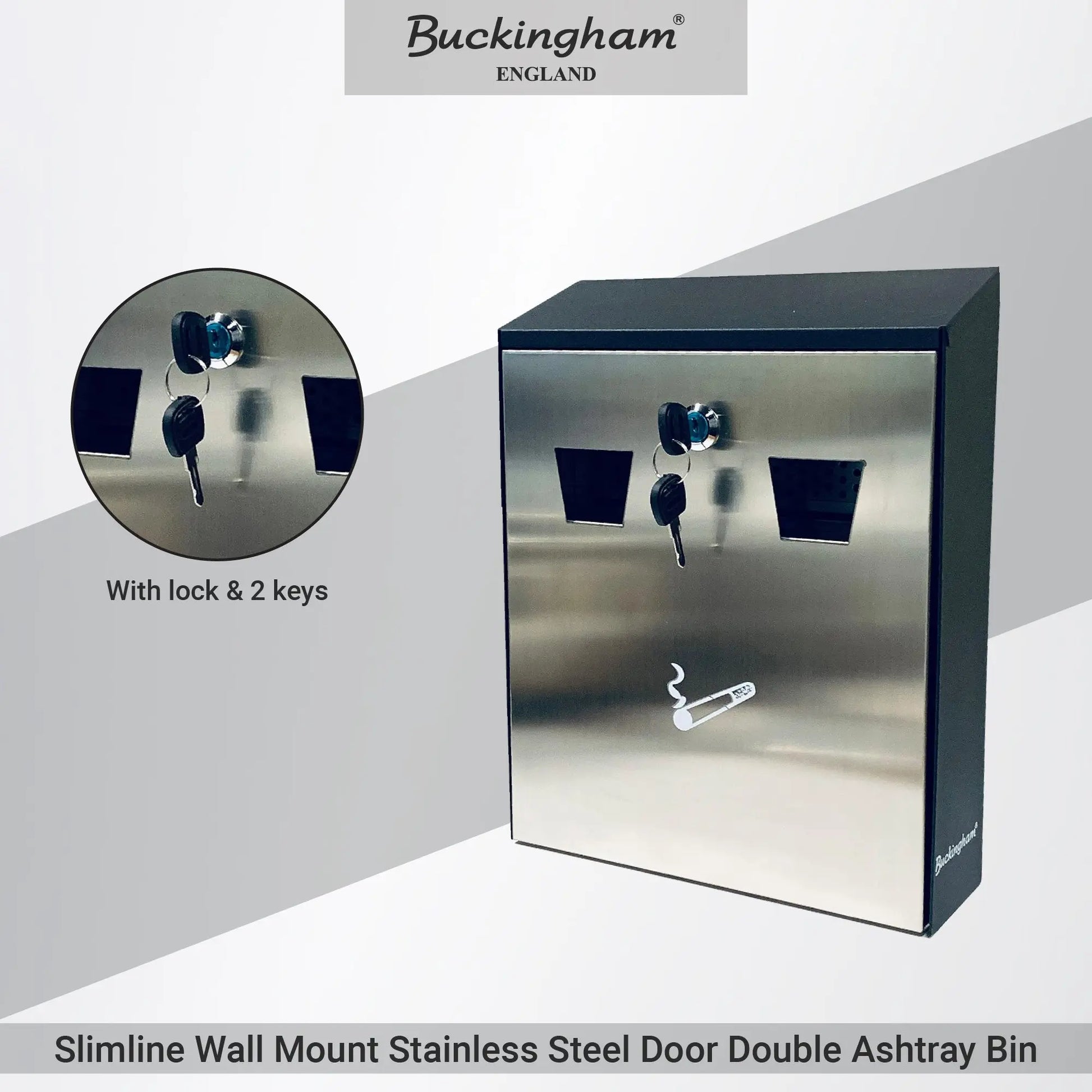 Buckingham Wall Mounted Outdoor Cigarette Bin, Ashtray , Ash Bin, Pubs , Clubs, Office, Home , Luminous Cigarette Motif, Smoking, Lockable, Premium Quality -, Black, Buckingham Cookware UK