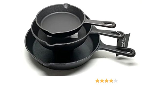 Buckingham Cast Iron Pre-Seasoned Set of 3 Frying Pan/Skillet 16 cm, 20 cm & 25 cm for Safe Cookware Indoor & Outdoor Healthy Cooking - Premium Quality.