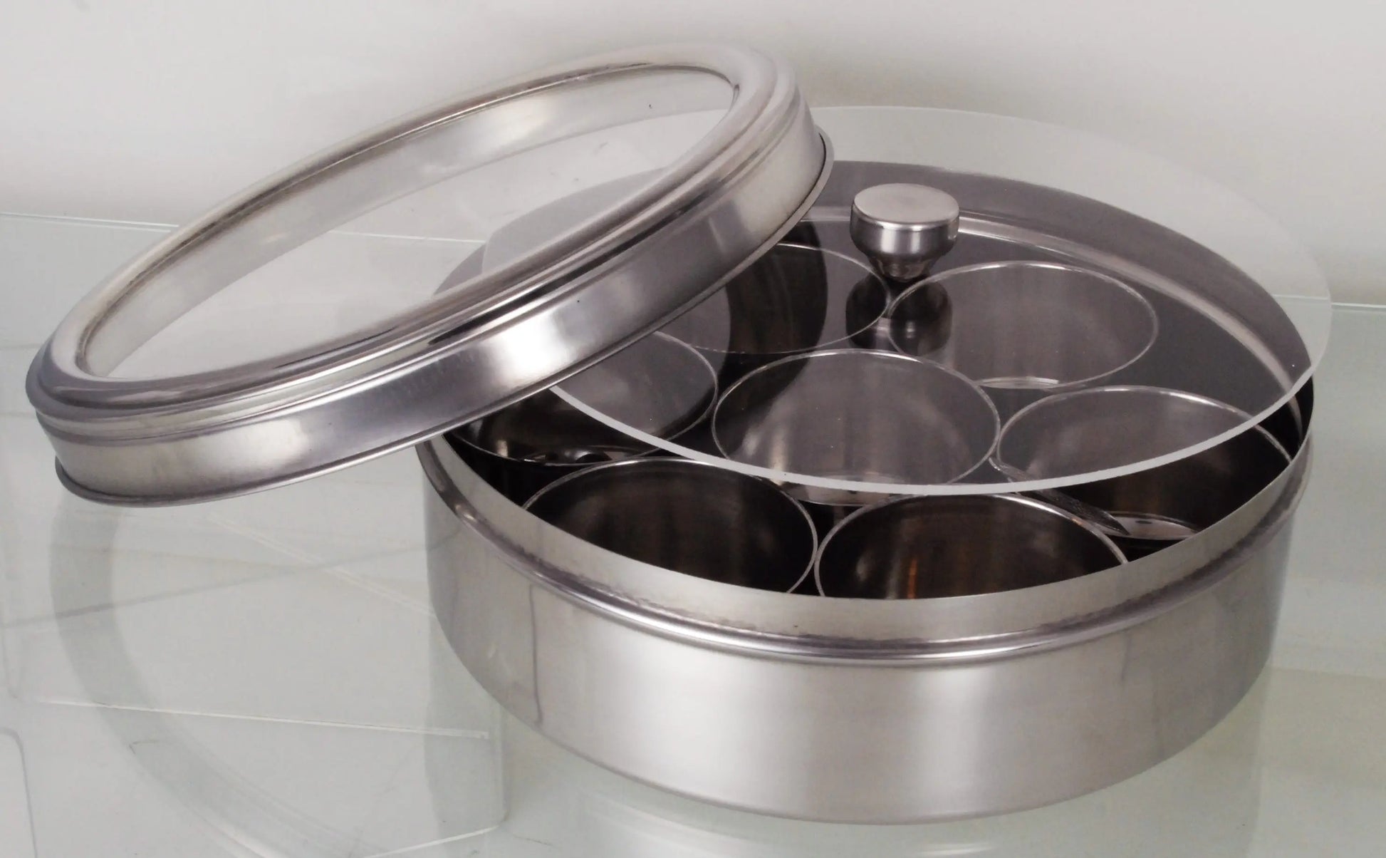 Buckingham Stainless Steel Masala / Dabba set, 7 cups + 1 Spoon with Acrylic / SS Lid Buckingham