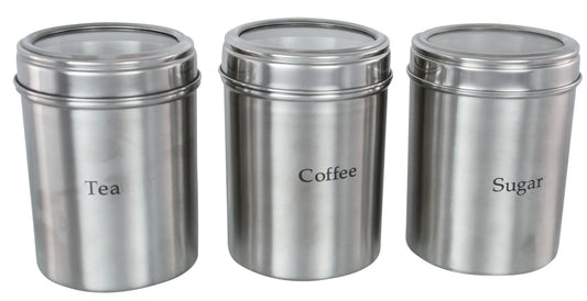 Buckingham Stainless Steel Set of 3 Storage Canisters with Acrylic Lid Tea Coffee and Sugar, Matt Finish Buckingham